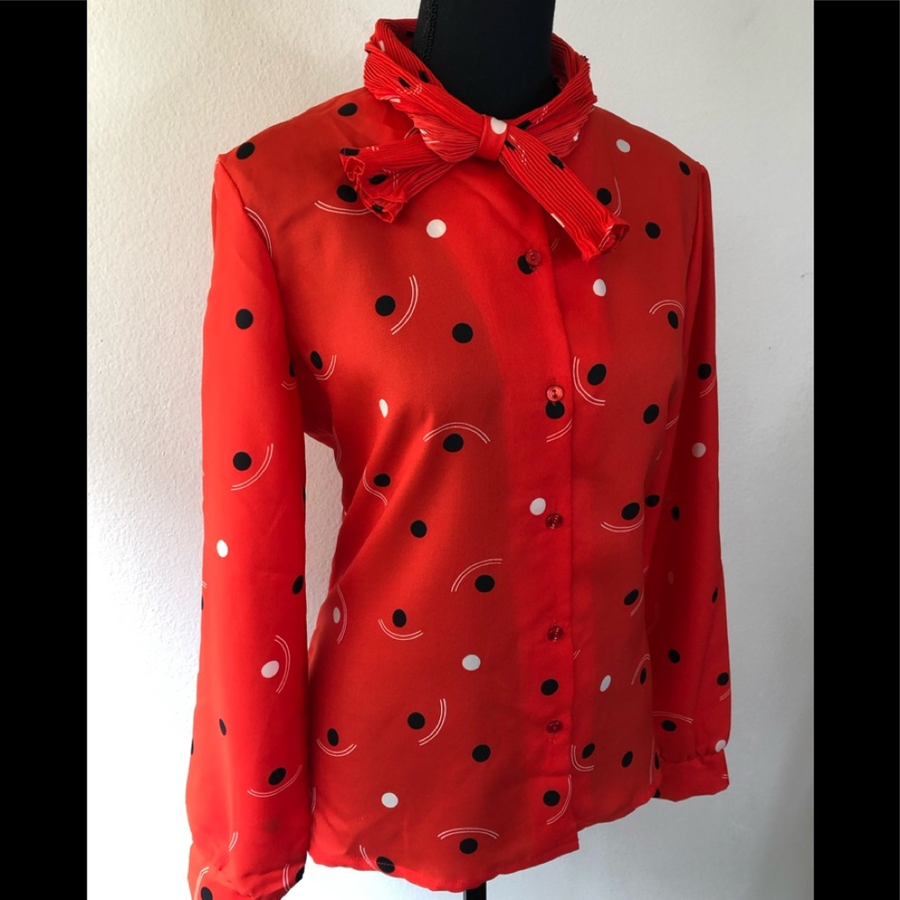 Vintage '60s Alex Colman Red Polka Dot Blouse Accordion Pleated Collar Large